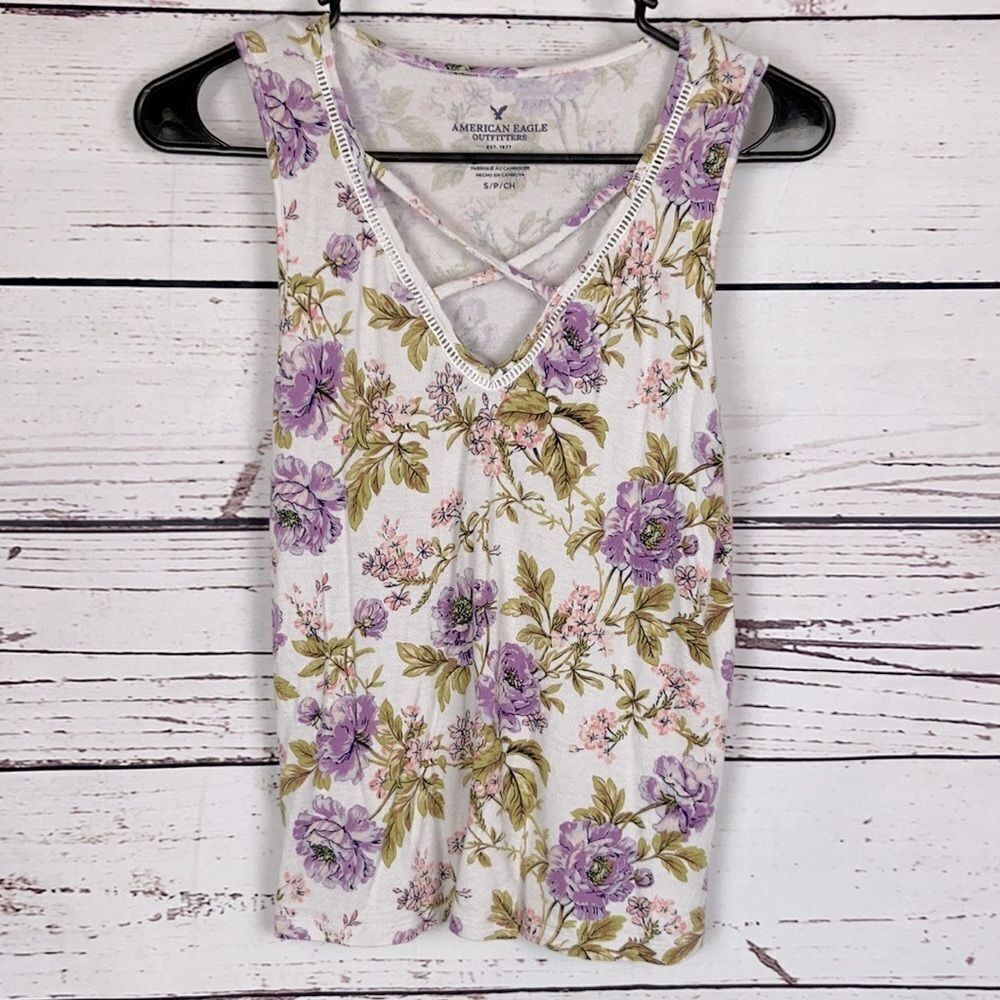 American Eagle Outfitters Floral Criss Cross Tank Top
